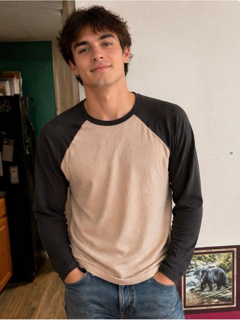 American Eagle Beige Body with Black Raglan Sleeves Long Sleeve Tee